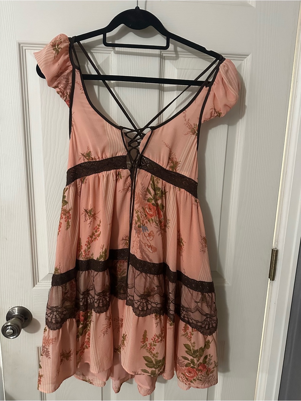 Urban Outfitters Pink Floral Lace-Up Mini Dress with Brown Trim